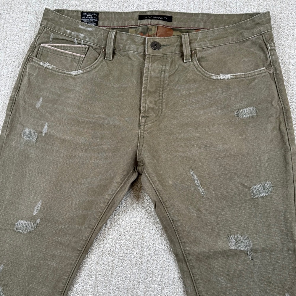 Cult of Individuality Men 36x34 (Fit 36x30) Olive Distressed Rebel Straight Jean
